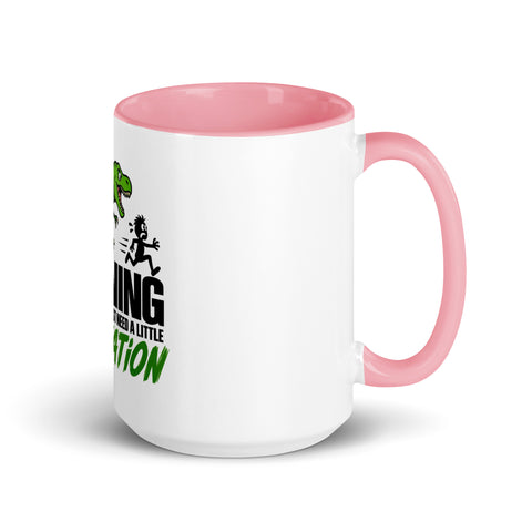 Right-side view of the 15 oz Dinosaur Motivation ceramic mug with pink interior and handle on a plain studio background, showing its single front design.