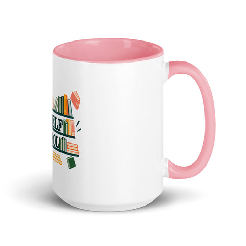 15 oz white No Shelf Control ceramic mug with pink interior, rim and handle, right view; book illustration and green lettering printed once on the front.