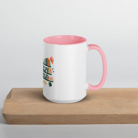 15 oz white No Shelf Control ceramic mug with pink interior, rim and handle, right view on a wooden board; book illustration and green lettering printed once on the front.