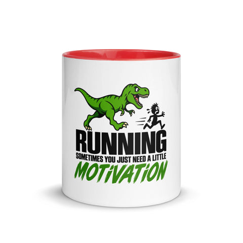 Front view of the 11 oz Dinosaur Motivation ceramic mug with red interior and handle on a plain studio background, showing its single front design.