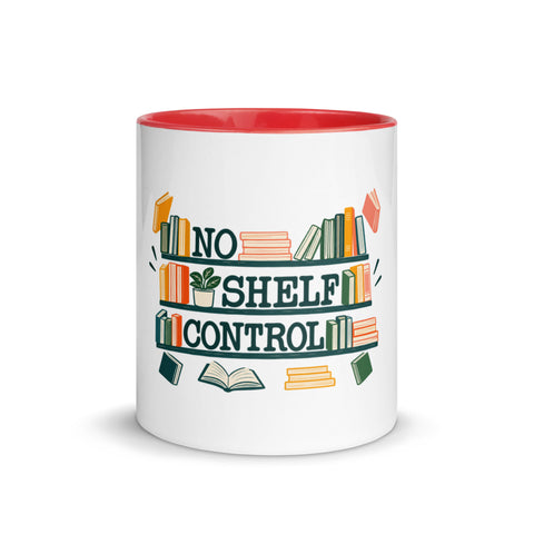 11 oz white No Shelf Control ceramic mug with red interior, rim and handle, front view; book illustration and green lettering printed once on the front.