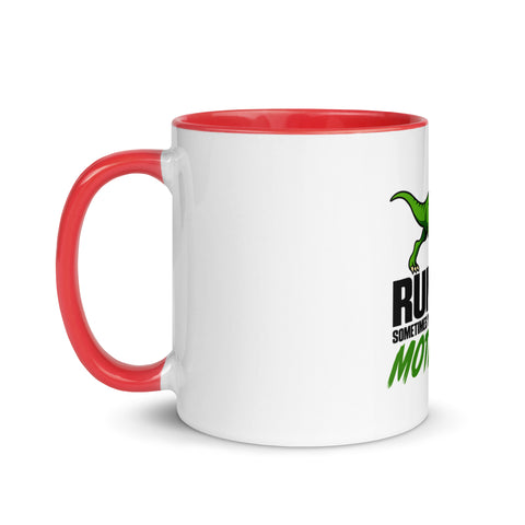 Left-side view of the 11 oz Dinosaur Motivation ceramic mug with red interior and handle on a plain studio background, showing its single front design.