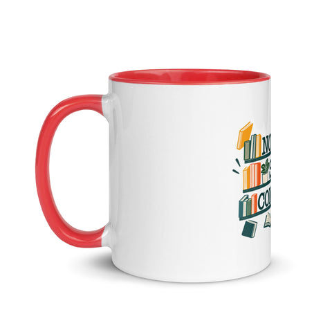 11 oz white No Shelf Control ceramic mug with red interior, rim and handle, left view; book illustration and green lettering printed once on the front.