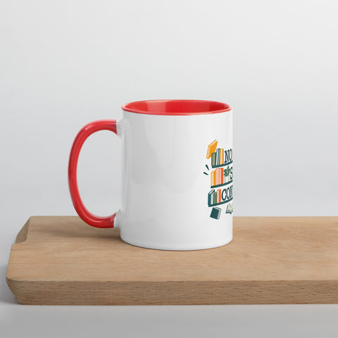11 oz white No Shelf Control ceramic mug with red interior, rim and handle, left view on a wooden board; book illustration and green lettering printed once on the front.