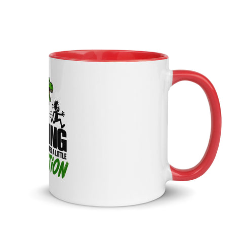 Right-side view of the 11 oz Dinosaur Motivation ceramic mug with red interior and handle on a plain studio background, showing its single front design.