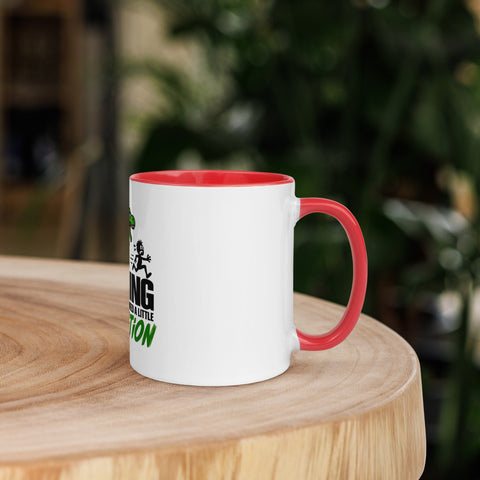 Right-side view of the 11 oz Dinosaur Motivation ceramic mug with red interior and handle on a round wooden table with softly blurred greenery, showing its single front design.