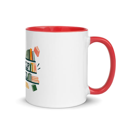 11 oz white No Shelf Control ceramic mug with red interior, rim and handle, right view; book illustration and green lettering printed once on the front.