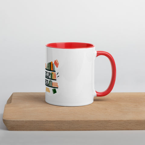 11 oz white No Shelf Control ceramic mug with red interior, rim and handle, right view on a wooden board; book illustration and green lettering printed once on the front.