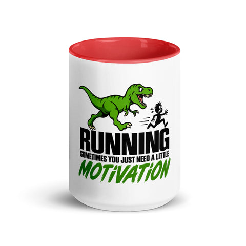 Front view of the 15 oz Dinosaur Motivation ceramic mug with red interior and handle on a plain studio background, showing its single front design.