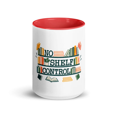 15 oz white No Shelf Control ceramic mug with red interior, rim and handle, front view; book illustration and green lettering printed once on the front.