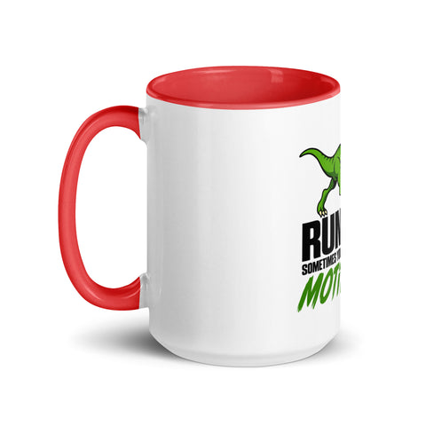 Left-side view of the 15 oz Dinosaur Motivation ceramic mug with red interior and handle on a plain studio background, showing its single front design.