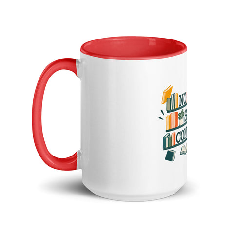 15 oz white No Shelf Control ceramic mug with red interior, rim and handle, left view; book illustration and green lettering printed once on the front.