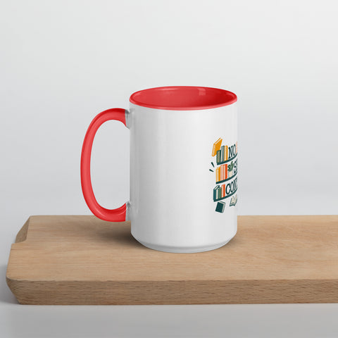 15 oz white No Shelf Control ceramic mug with red interior, rim and handle, left view on a wooden board; book illustration and green lettering printed once on the front.