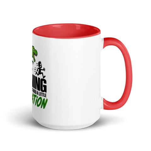 Right-side view of the 15 oz Dinosaur Motivation ceramic mug with red interior and handle on a plain studio background, showing its single front design.