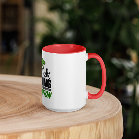Right-side view of the 15 oz Dinosaur Motivation ceramic mug with red interior and handle on a round wooden table with softly blurred greenery, showing its single front design.
