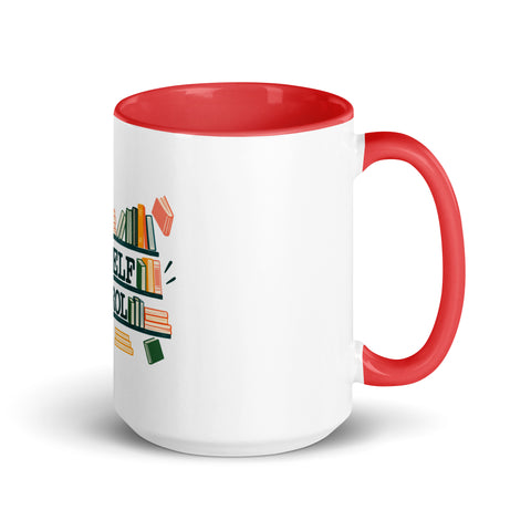15 oz white No Shelf Control ceramic mug with red interior, rim and handle, right view; book illustration and green lettering printed once on the front.
