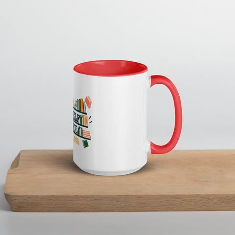 15 oz white No Shelf Control ceramic mug with red interior, rim and handle, right view on a wooden board; book illustration and green lettering printed once on the front.