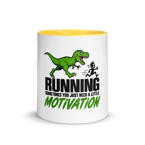 Front view of the 11 oz Dinosaur Motivation ceramic mug with yellow interior and handle on a plain studio background, showing its single front design.