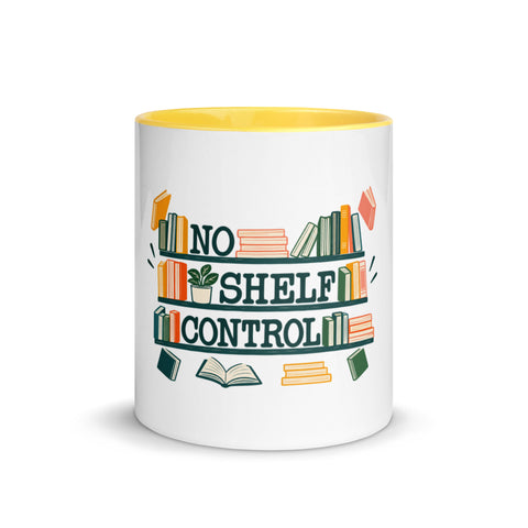 11 oz white No Shelf Control ceramic mug with yellow interior, rim and handle, front view; book illustration and green lettering printed once on the front.