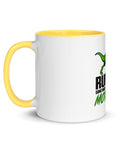 Left-side view of the 11 oz Dinosaur Motivation ceramic mug with yellow interior and handle on a plain studio background, showing its single front design.