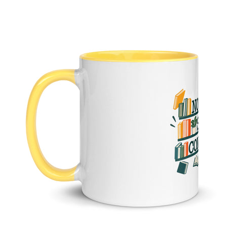 11 oz white No Shelf Control ceramic mug with yellow interior, rim and handle, left view; book illustration and green lettering printed once on the front.