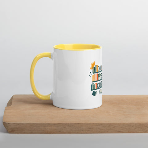 11 oz white No Shelf Control ceramic mug with yellow interior, rim and handle, left view on a wooden board; book illustration and green lettering printed once on the front.
