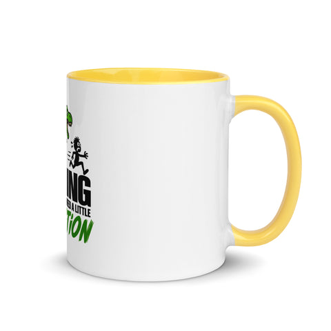 Right-side view of the 11 oz Dinosaur Motivation ceramic mug with yellow interior and handle on a plain studio background, showing its single front design.