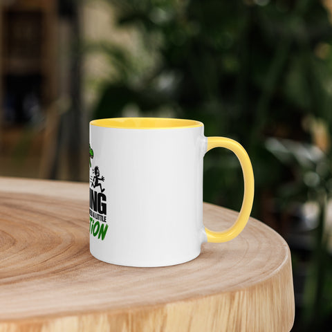 Right-side view of the 11 oz Dinosaur Motivation ceramic mug with yellow interior and handle on a round wooden table with softly blurred greenery, showing its single front design.
