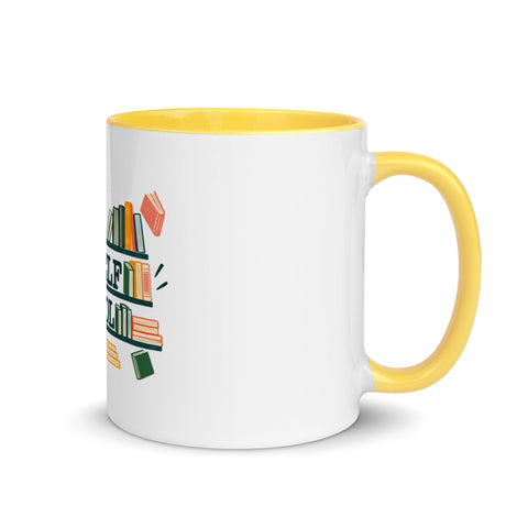 11 oz white No Shelf Control ceramic mug with yellow interior, rim and handle, right view; book illustration and green lettering printed once on the front.