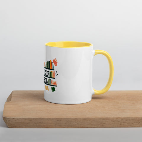 11 oz white No Shelf Control ceramic mug with yellow interior, rim and handle, right view on a wooden board; book illustration and green lettering printed once on the front.