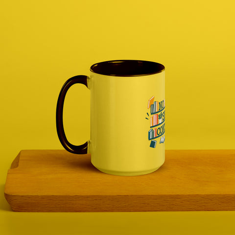 15 oz white No Shelf Control ceramic mug with yellow interior, rim and handle, left view on a wooden board; book illustration and green lettering printed once on the front.