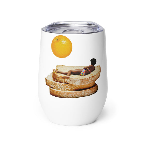 Toast in the Sun white wine tumbler with a complete sunbather, toast stack and orange sun collage