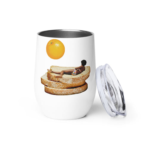 Toast in the Sun white wine tumbler with a complete sunbather, toast stack and orange sun collage