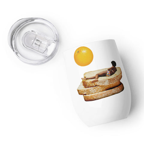 Toast in the Sun white wine tumbler with a complete sunbather, toast stack and orange sun collage