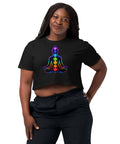 Black women's cotton crop top, with original luminous rainbow chakra meditation silhouette printed on the front.