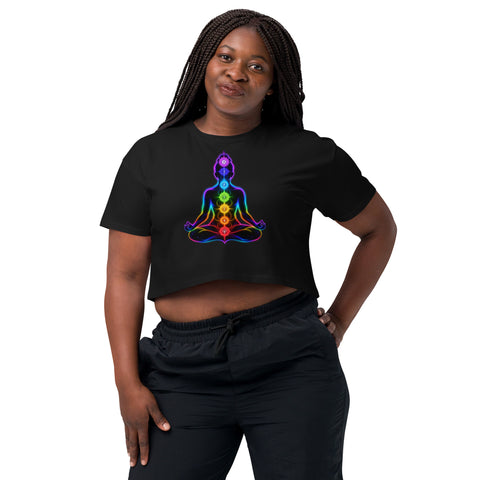 Black women's cotton crop top, with original luminous rainbow chakra meditation silhouette printed on the front.