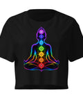 Black women's cotton crop top, with original luminous rainbow chakra meditation silhouette printed on the front.