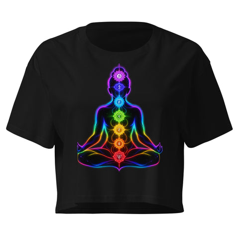Black women's cotton crop top, with original luminous rainbow chakra meditation silhouette printed on the front.