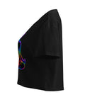 Black women's cotton crop top, with original luminous rainbow chakra meditation silhouette printed on the front.