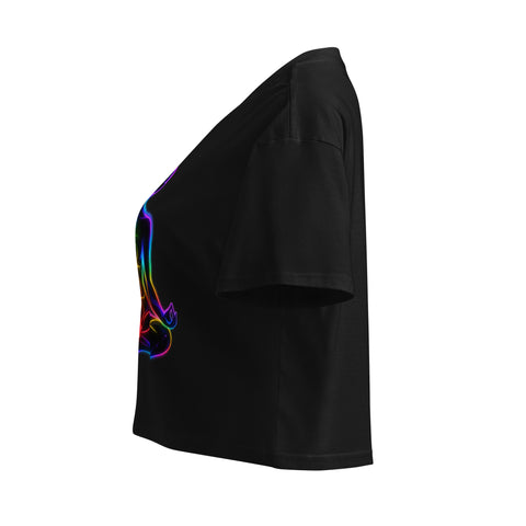 Black women's cotton crop top, with original luminous rainbow chakra meditation silhouette printed on the front.