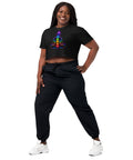 Black women's cotton crop top, with original luminous rainbow chakra meditation silhouette printed on the front.