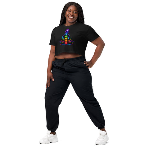 Black women's cotton crop top, with original luminous rainbow chakra meditation silhouette printed on the front.