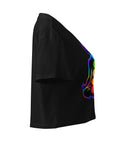 Black women's cotton crop top, with original luminous rainbow chakra meditation silhouette printed on the front.