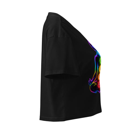 Black women's cotton crop top, with original luminous rainbow chakra meditation silhouette printed on the front.