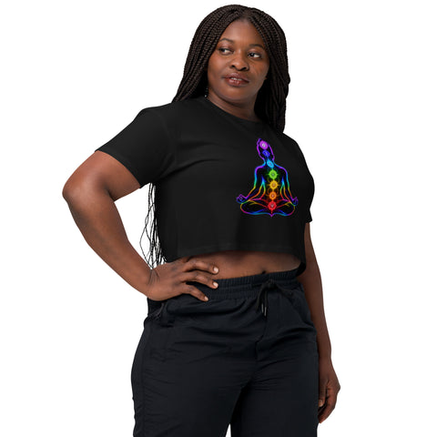 Black women's cotton crop top, with original luminous rainbow chakra meditation silhouette printed on the front.