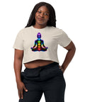 Bone women's cotton crop top, with original luminous rainbow chakra meditation silhouette printed on the front.