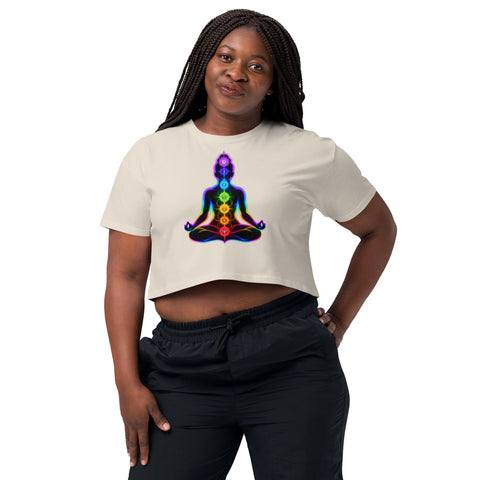 Bone women's cotton crop top, with original luminous rainbow chakra meditation silhouette printed on the front.