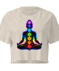 Bone women's cotton crop top, with original luminous rainbow chakra meditation silhouette printed on the front.