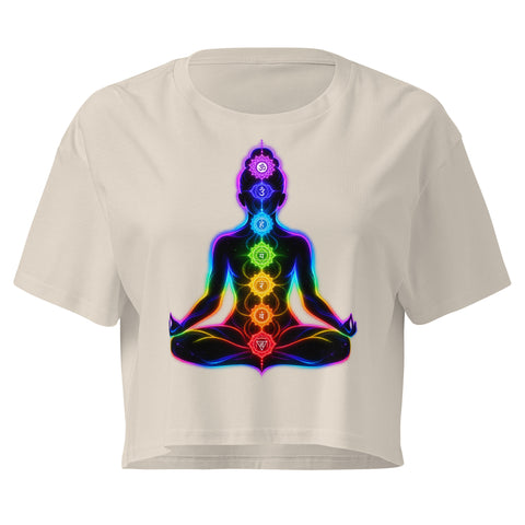 Bone women's cotton crop top, with original luminous rainbow chakra meditation silhouette printed on the front.