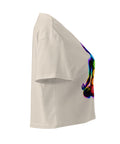 Bone women's cotton crop top, with original luminous rainbow chakra meditation silhouette printed on the front.